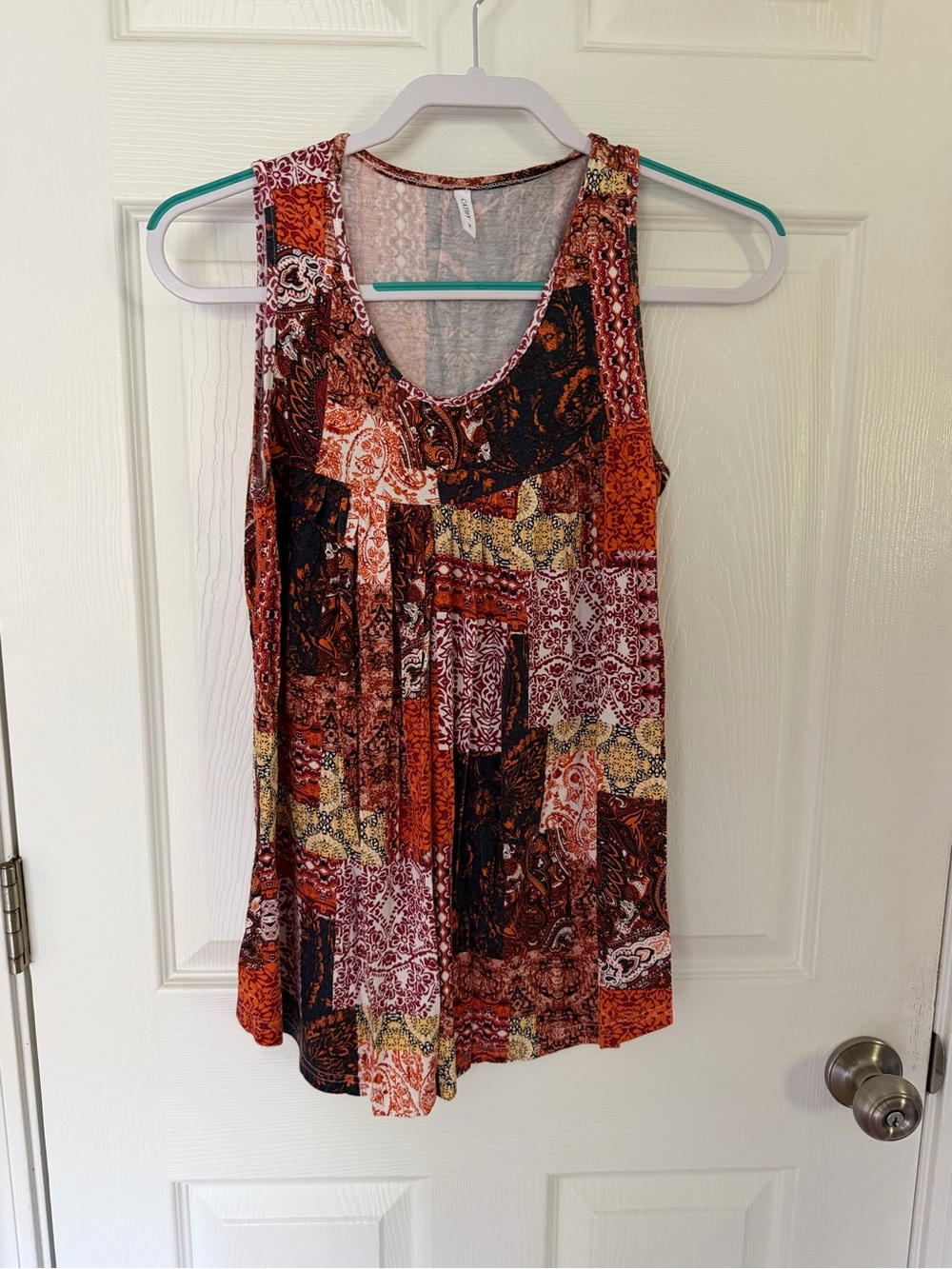 Patchwork Print Scoop Neck Tank Top - Rust Multi